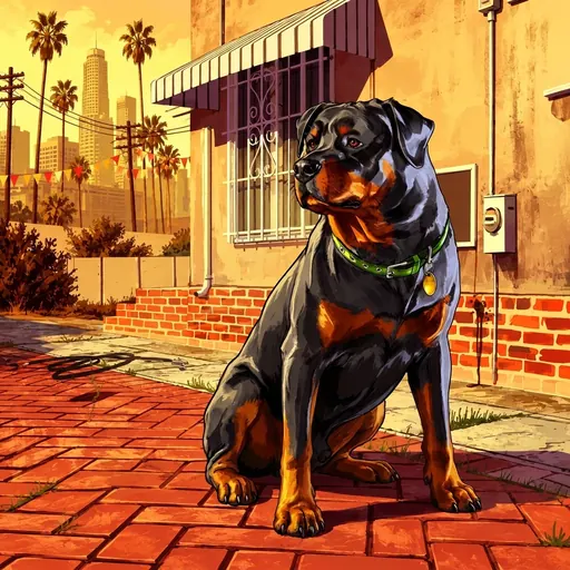 Chop sitting on red brick outside a Los Santos stucco house at golden hour