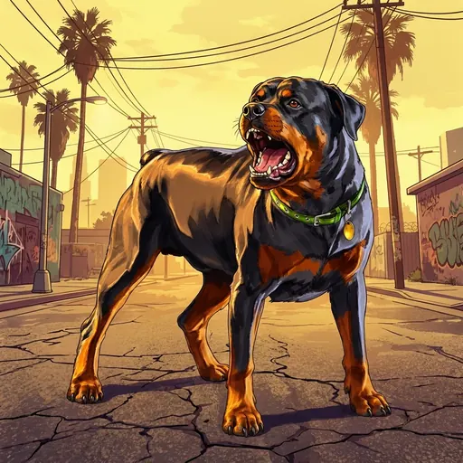Chop barking on a cracked sunlit street under palms and power lines
