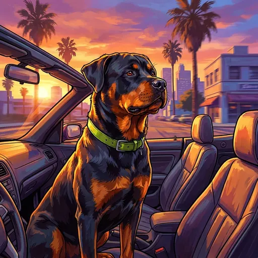 Chop riding shotgun in a convertible cruising past palms