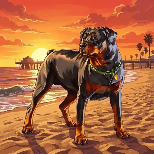 Chop standing on the beach at sunset with the pier behind him