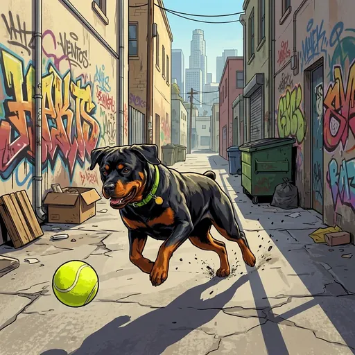 Chop chasing a tennis ball down a graffiti alley