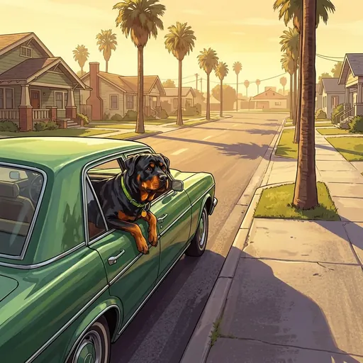 Chop leaning out of a green lowrider on a palm-lined street