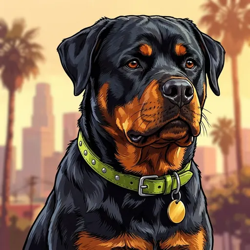 Close-up portrait of Chop with his lime-green collar and gold tag