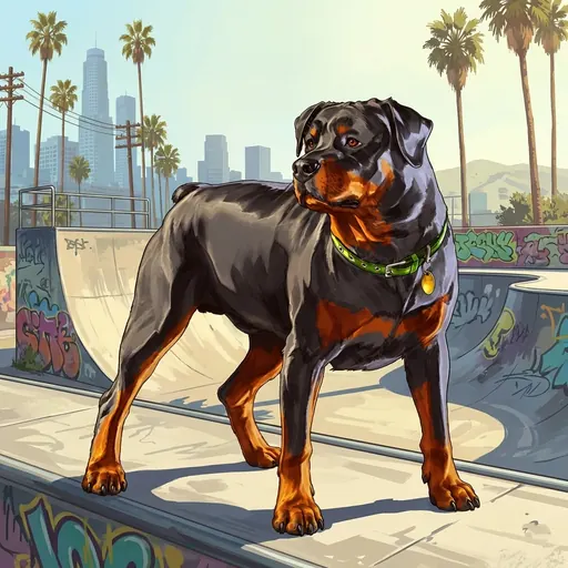 Chop standing at the top of a skatepark bowl under palms